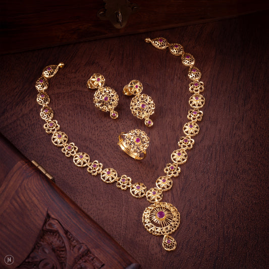 22K 916 Yellow Gold Hyderabadi Floral Ruby Gemstone Necklace Set for Ladies