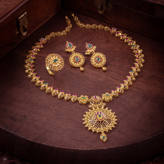 22K 916 Yellow Gold Hyderabadi Flower Gemstone Bridal Necklace Set for ladies