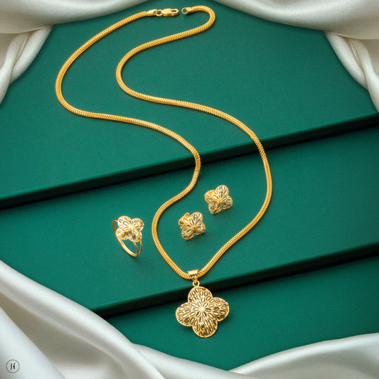 22K Yellow Gold Four Petal Flower Pendant Set