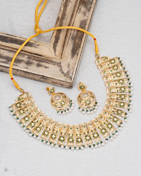 22K Yellow Gold Pakistani Emerald Pearl Cascade Choker Set