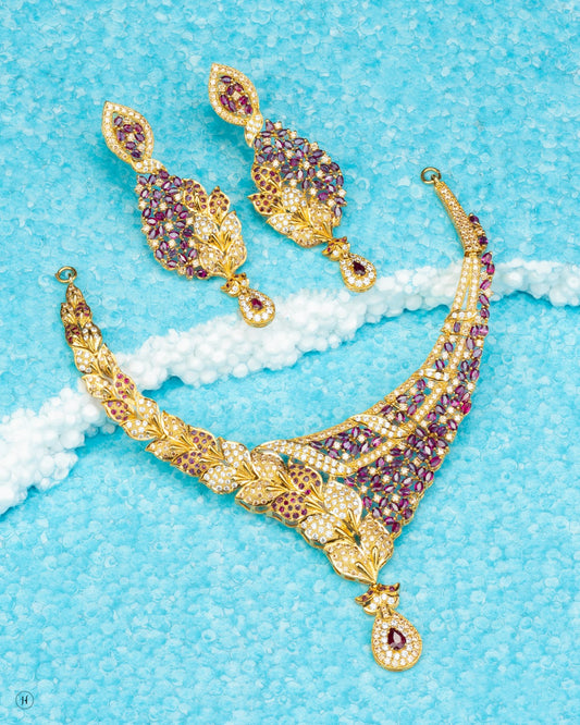 22K Yellow Gold Pakistani Floral-Leaf Gemstone Princess Necklace Set