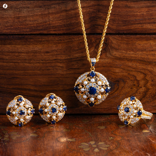 22K Yellow Gold Pakistani Floral Gemstone Pendant Set for ladies in UAE