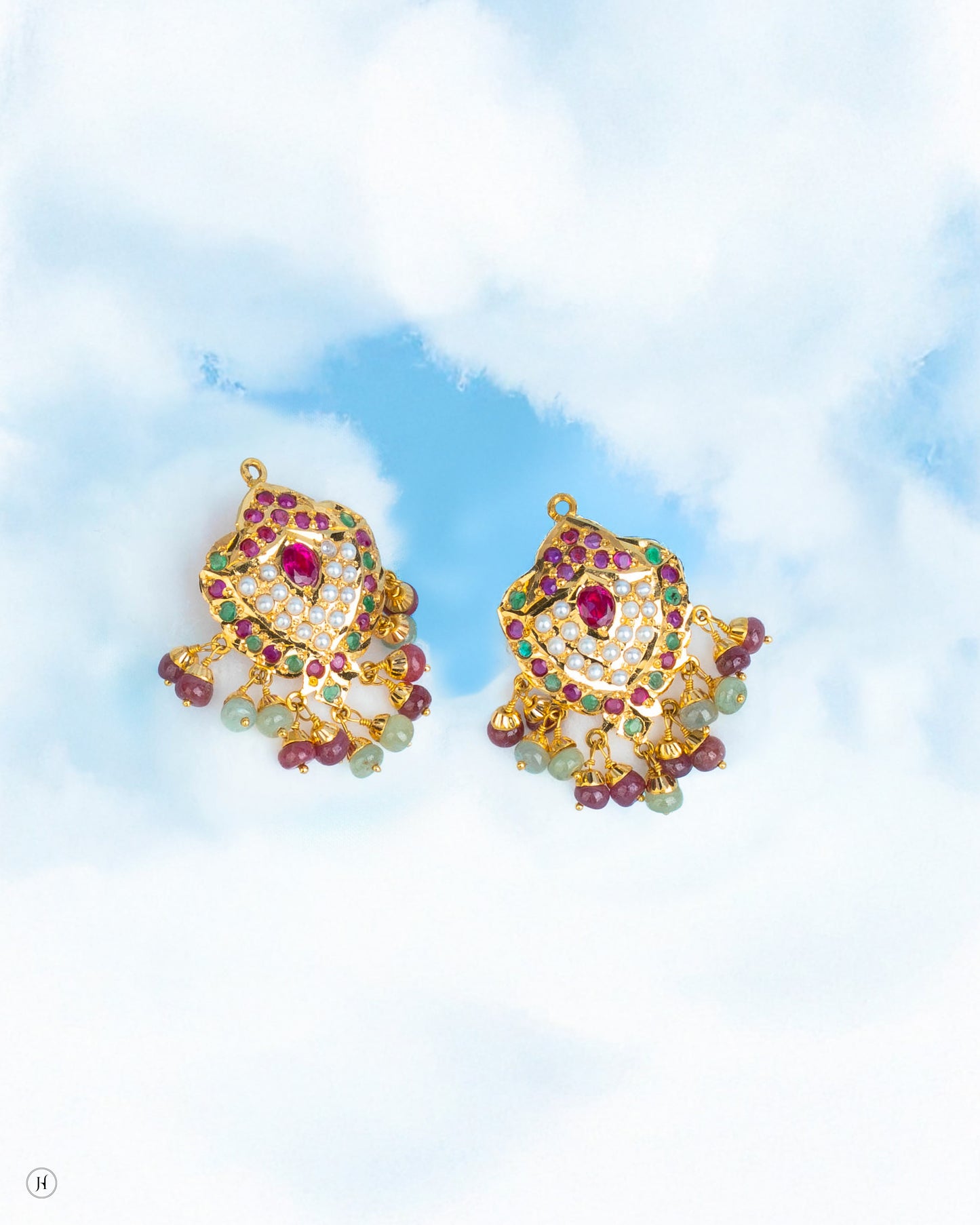 22K Yellow Gold Pakistani Ruby Emerald Pearl Heritage Earrings