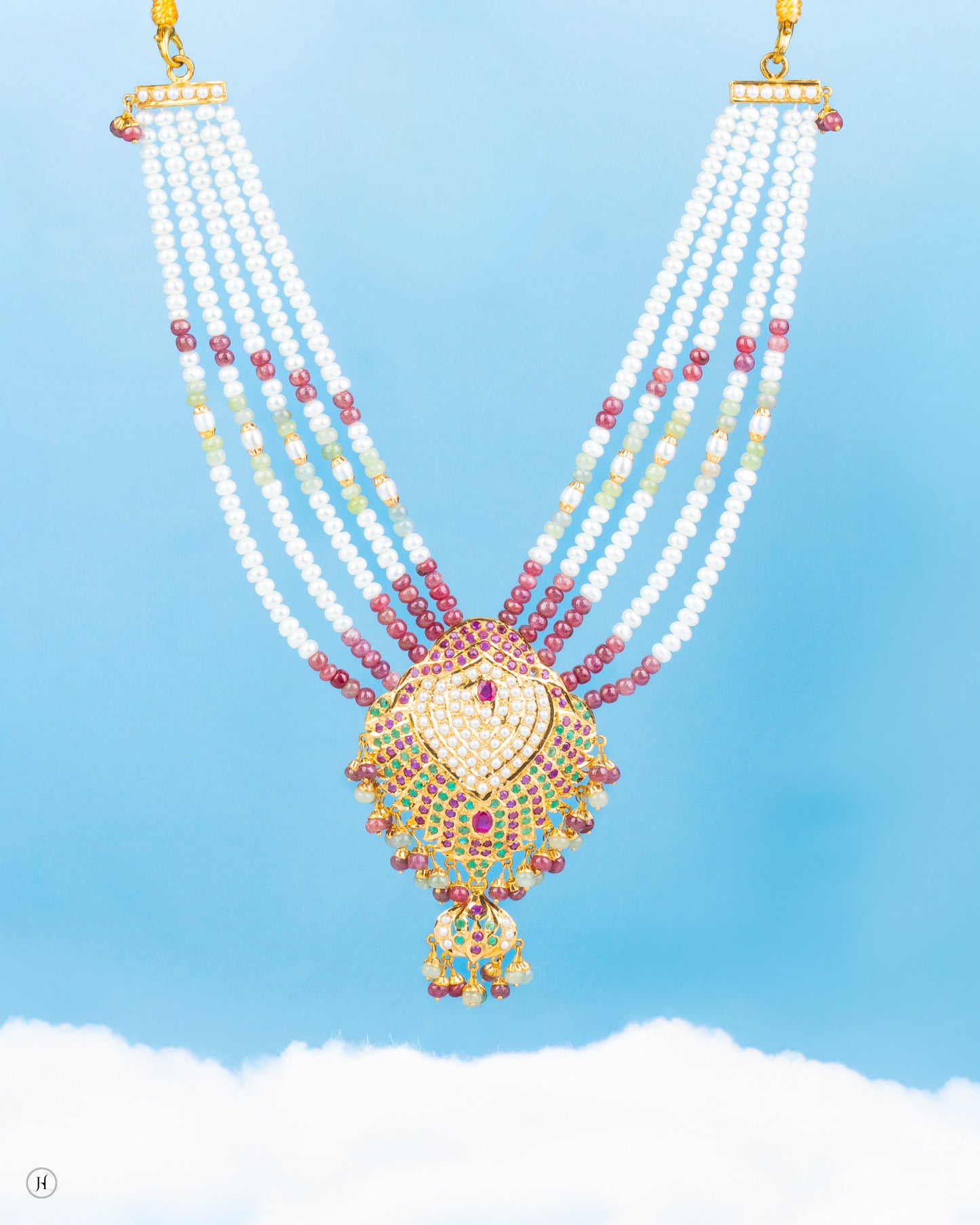 22K Yellow Gold Pakistani Ruby Emerald Pearl Heritage Necklace Set