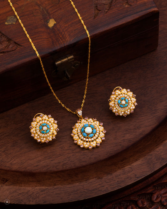 22K yellow gold turquoise, opal and pearl flower pendant set with matching earrings, loved by Emirati and Khaleeji ladies — JH Jewellers, Dubai, UAE