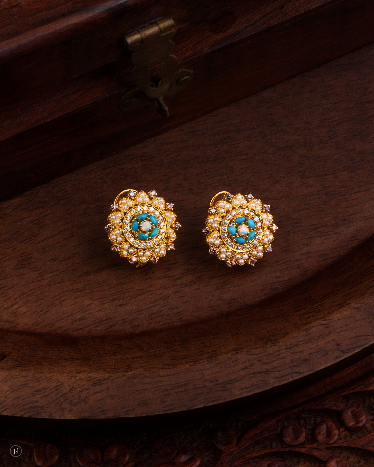 22K yellow gold turquoise, opal and pearl flower stud earrings, traditional Arabic gold jewellery for Emirati and Khaleeji ladies