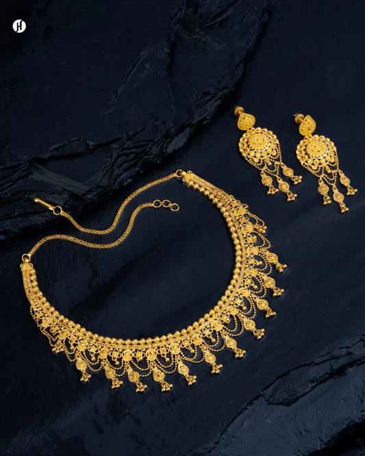 22Karat Yellow Gold Dangling Princess Necklace Set | Indian Bridal Jewellery.