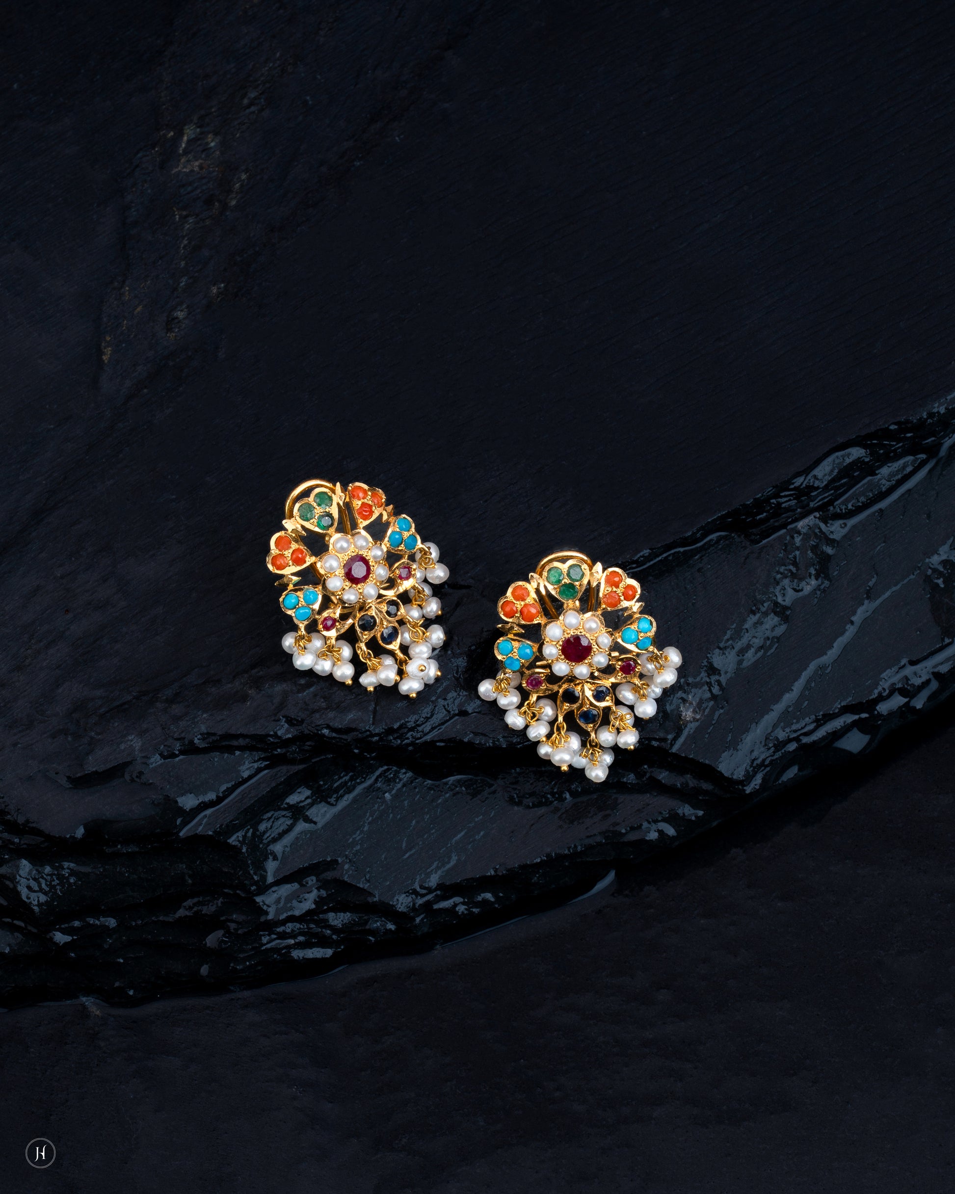 22Karat Yellow Gold Pakistani Multi-Gemstone Pearl Floral Earrings | Bridal Jewellery For Women.