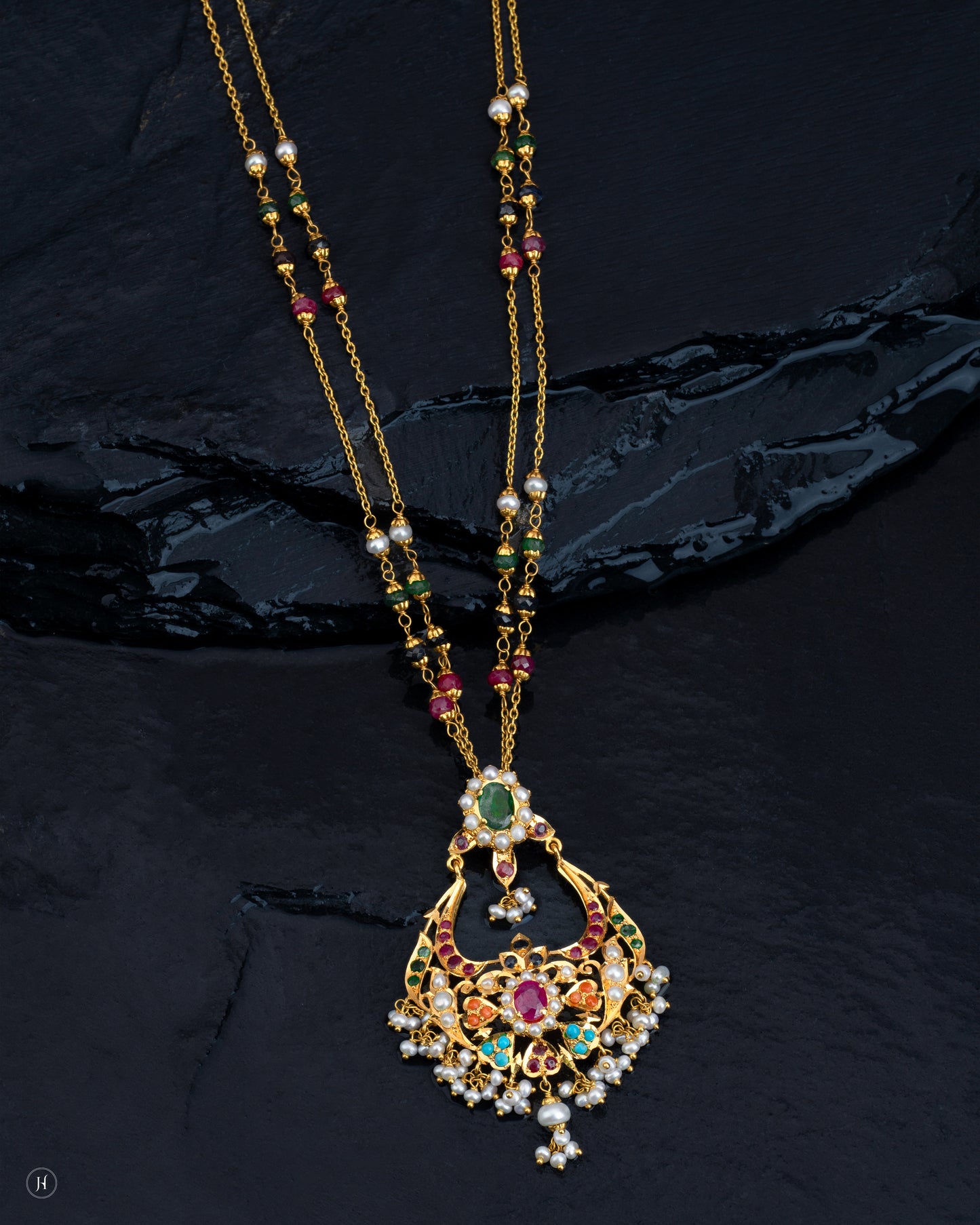 22Karat Yellow Gold Pakistani Multi-Gemstone Pearl Floral Necklace | Bridal Jewellery For Women.