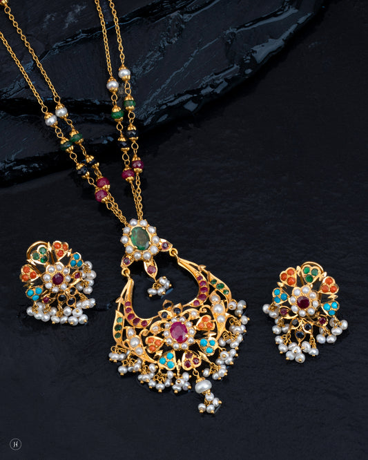 22Karat Yellow Gold Pakistani Multi-Gemstone Pearl Floral Necklace Set | Bridal Jewellery For Women.