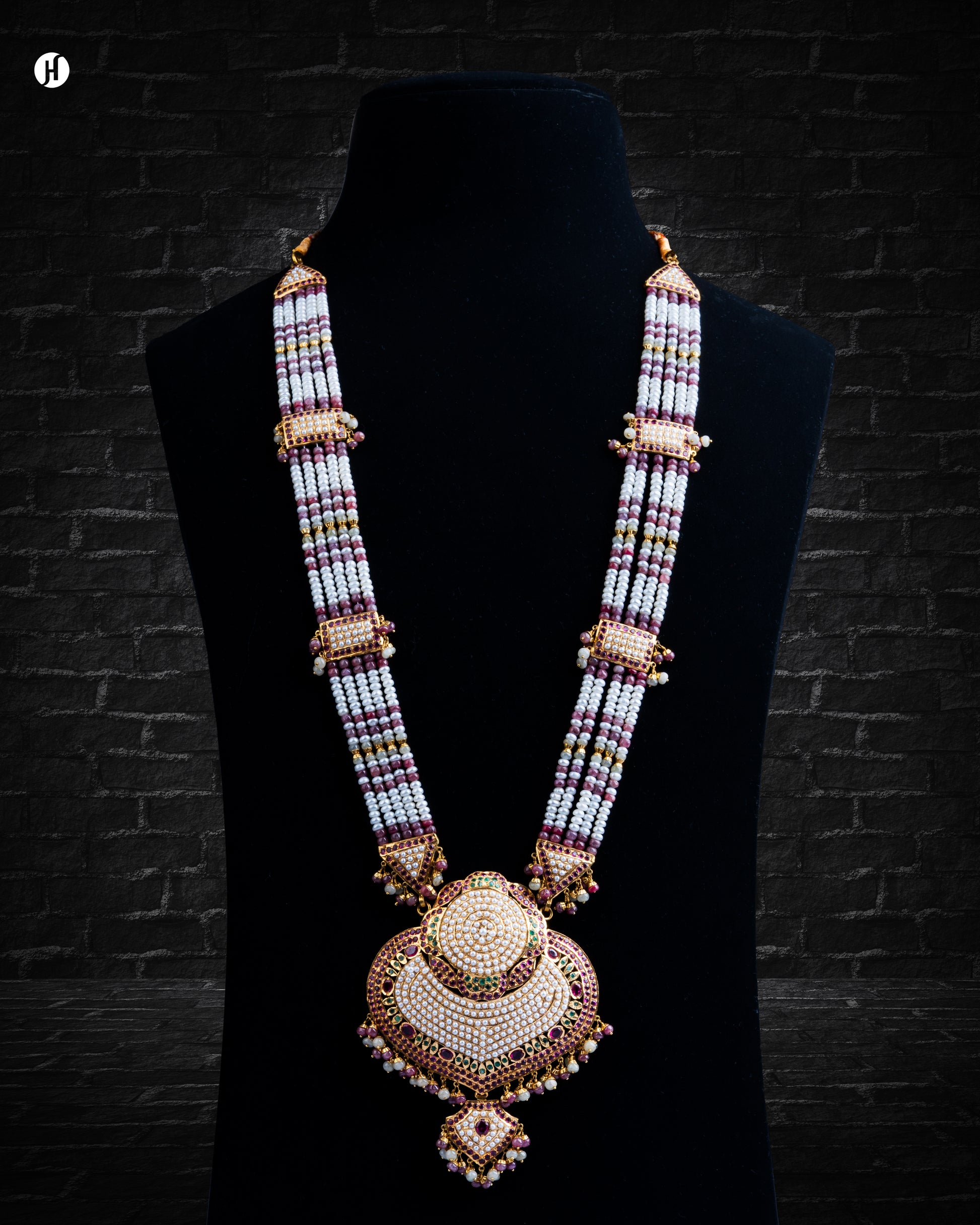 22Karat Yellow Gold Pakistani Multi-Strand Pearl & Ruby Majestic Bridal Long Necklace.