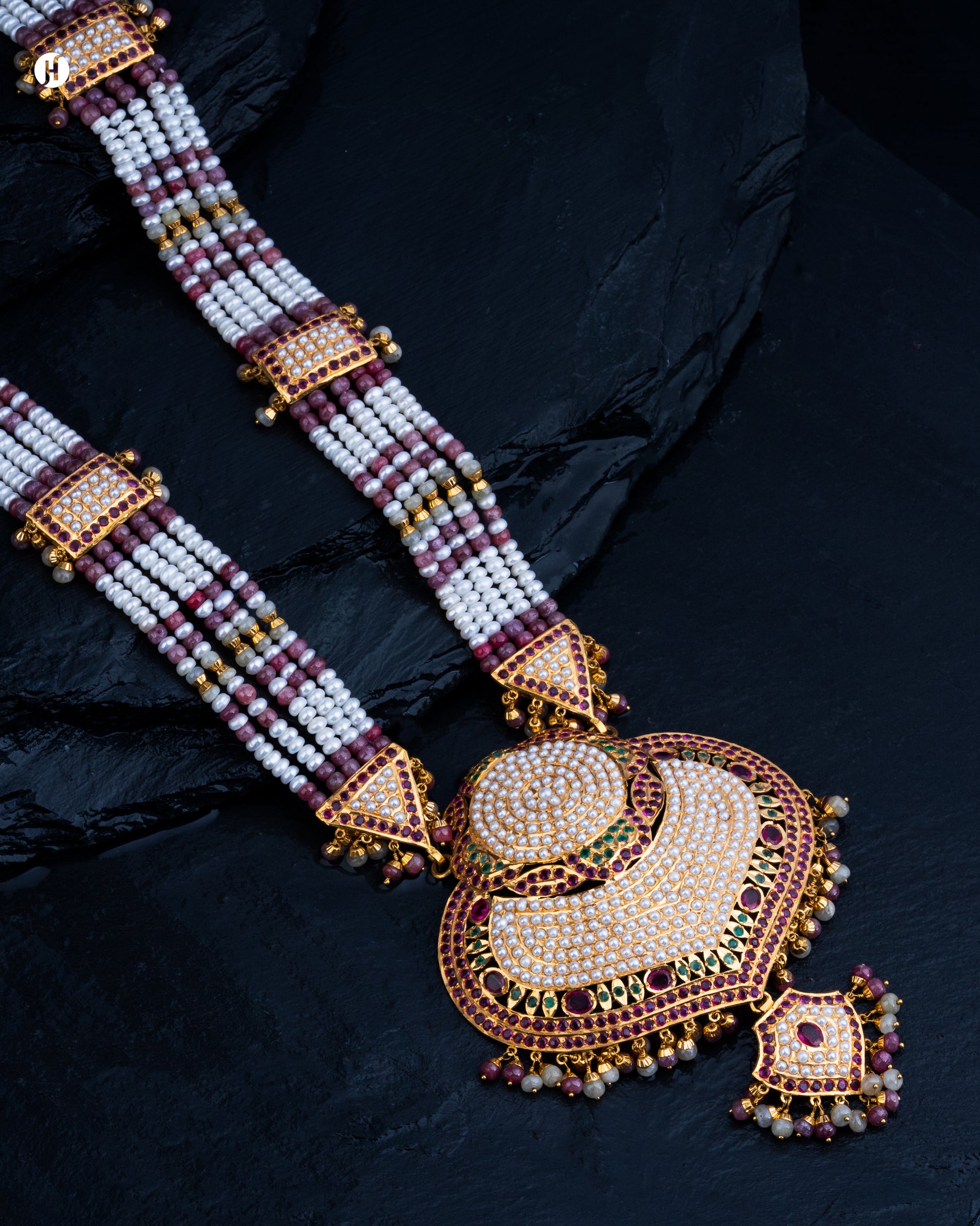 22Karat Yellow Gold Pakistani Multi-Strand Pearl & Ruby Majestic Bridal Necklace.
