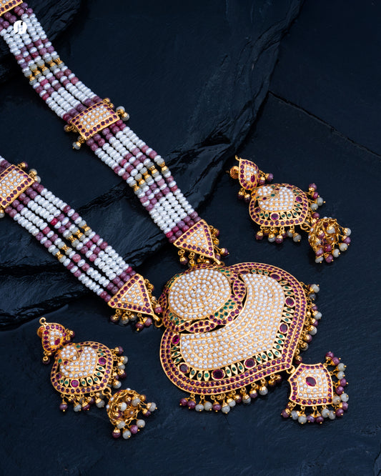 22Karat Yellow Gold Pakistani Multi-Strand Pearl & Ruby Majestic Bridal Necklace Set