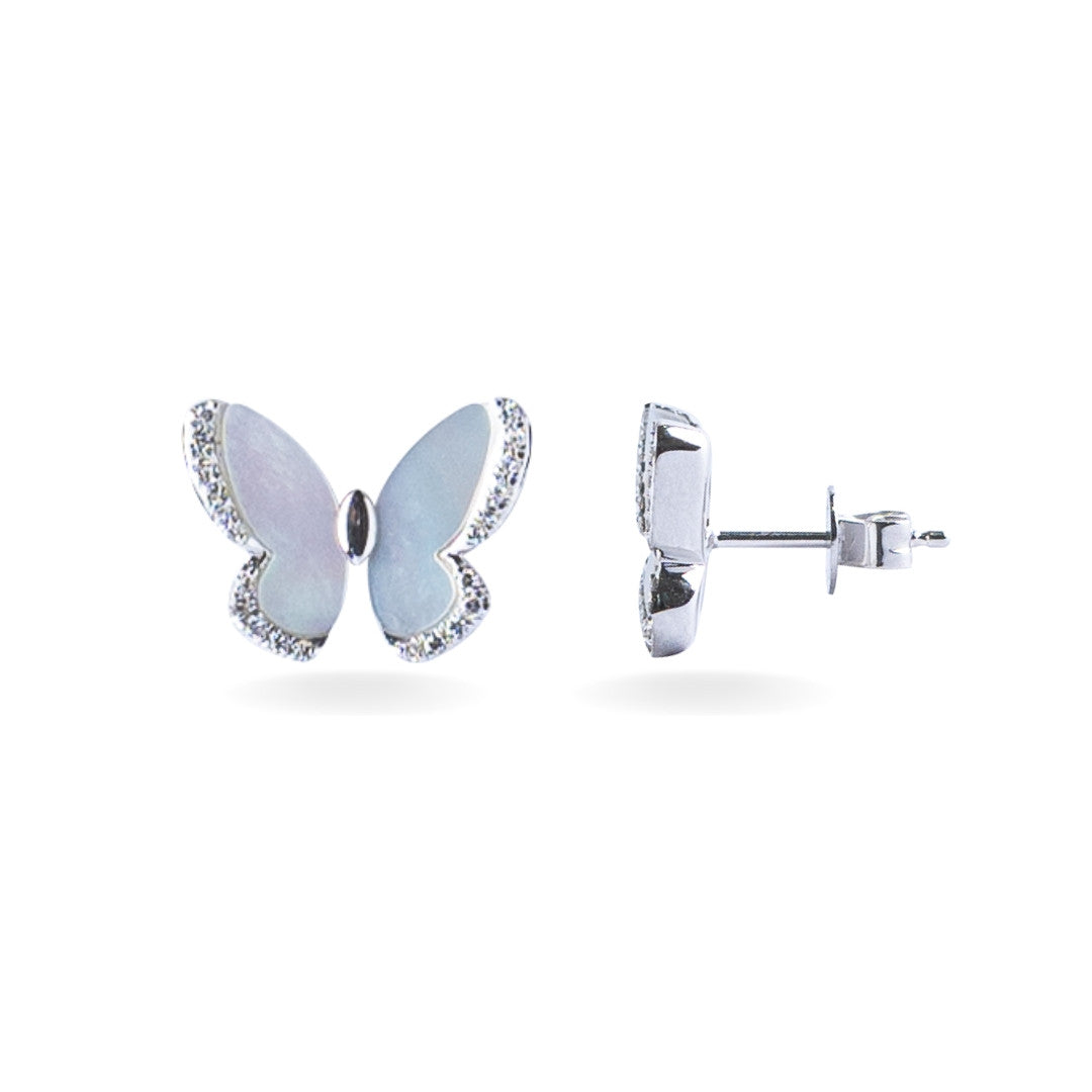 18k White Gold Mother of Pearl Butterfly Diamond Pushback stud Earrings