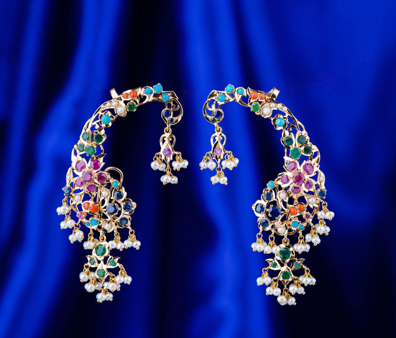 21K Yellow Gold Pakistani Hanging Multicoloured Earrings