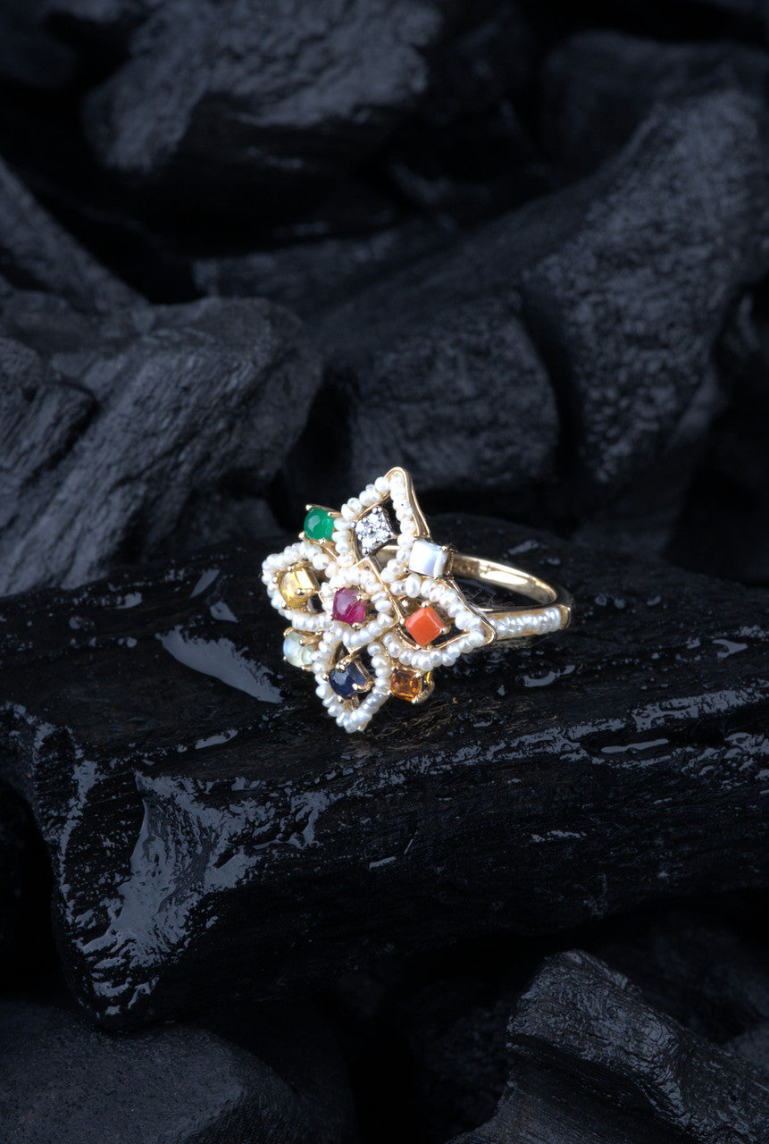 18K Yellow Gold Navaratan Star Diamond Ring