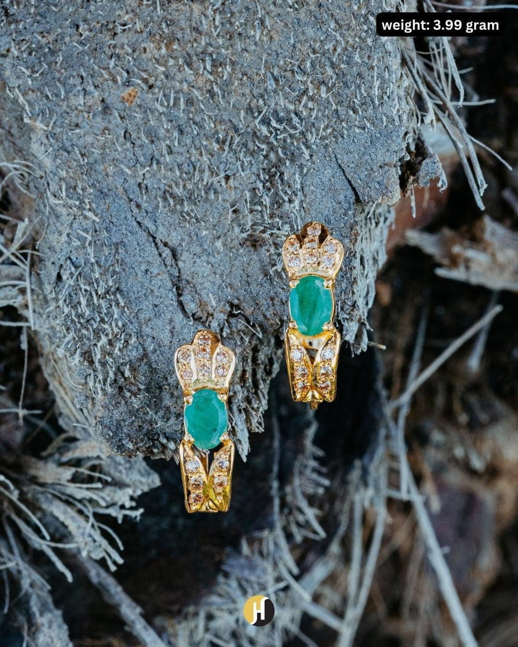 22K Yellow Gold Pakistani Stud Emerald Statement Earrings