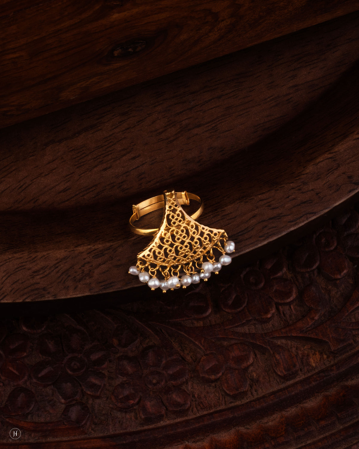 21K yellow gold Bahraini ring features a fan-shaped filigree top edged with freshwater pearl drops, on an adjustable band. A graceful, traditional statement ring loved by Emirati and Khaleeji ladies.