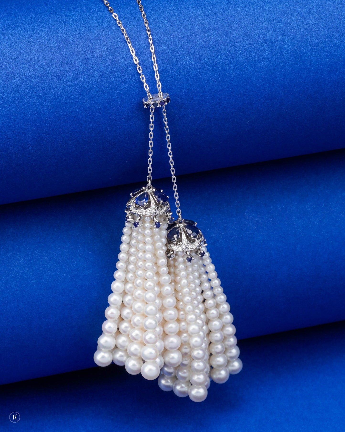 18K White Gold Dual Waterfall Blue Sapphire Diamond Necklace Set