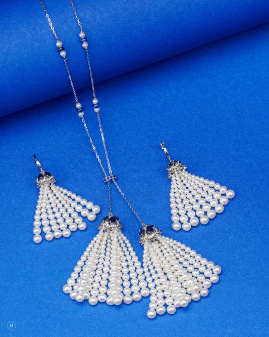 18K White Gold Dual Waterfall Blue Sapphire Diamond Necklace Set