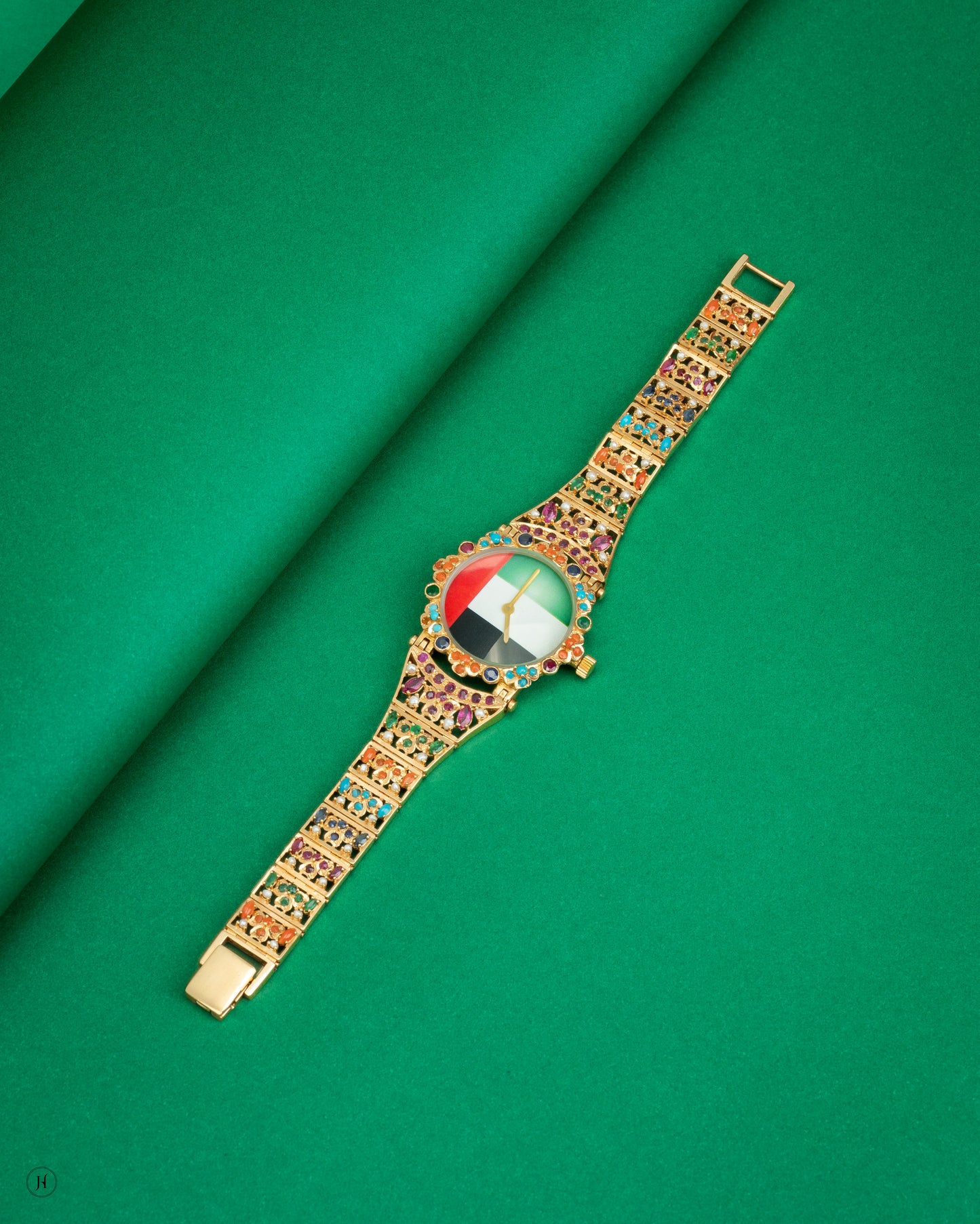 21Karat Gold Emirati Flag Multicolor Gemstone Dial Watch with Ornate Bracelet Design