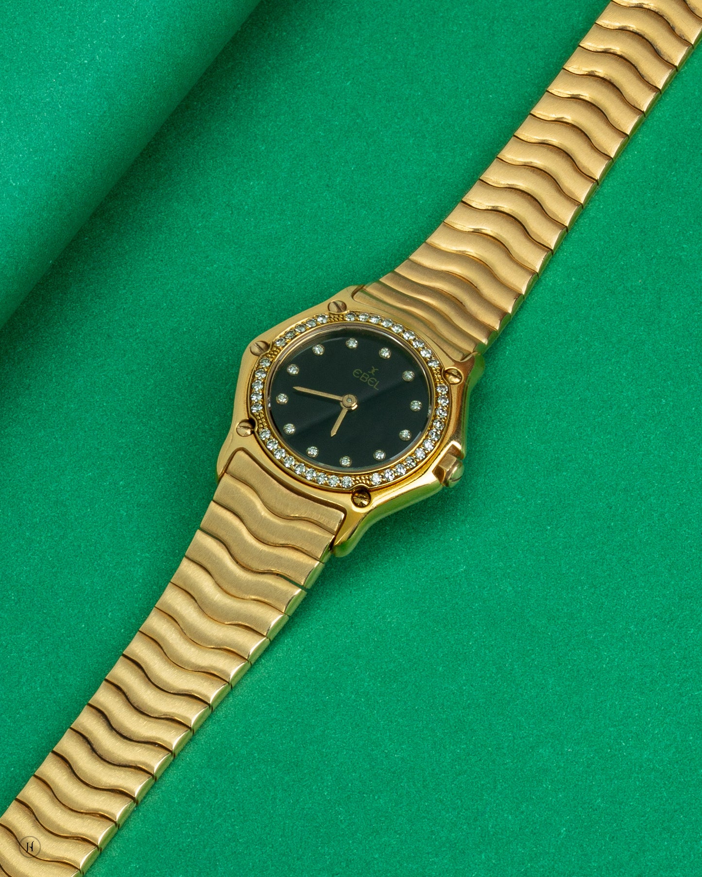 18K Gold and Diamond Textured Dial Bracelet Watch with Black Dial | Luxury Women's Watch