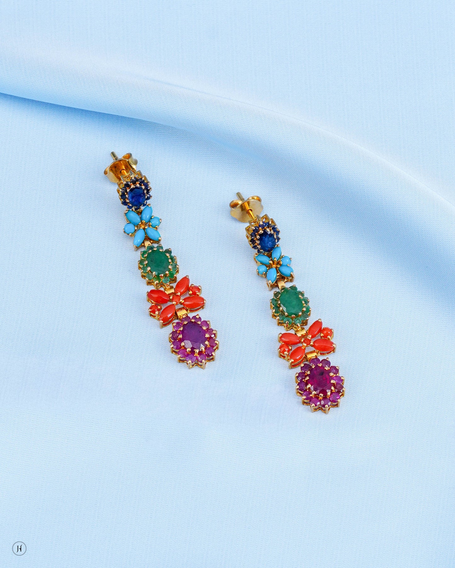 21K Yellow Gold Pakistani Floral Multi-Colored Gemstone Necklace Set