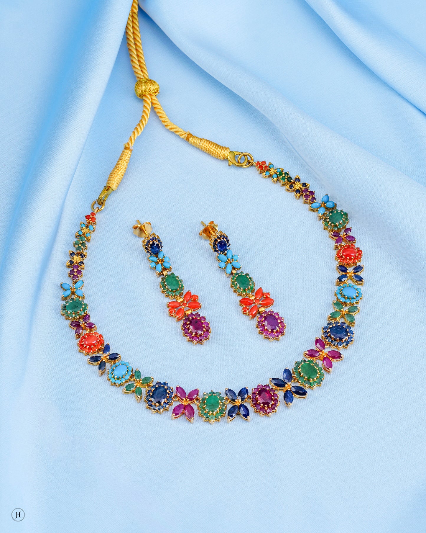 21K Yellow Gold Pakistani Floral Multi-Colored Gemstone Necklace Set