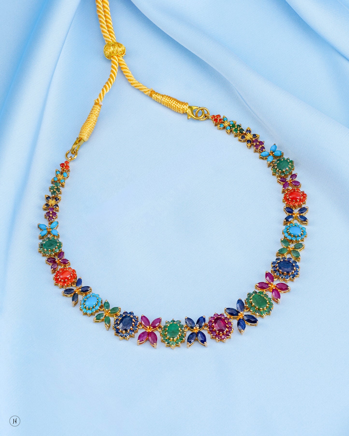 21K Yellow Gold Pakistani Floral Multi-Colored Gemstone Necklace Set