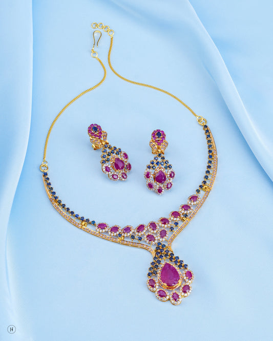 21Karat Yellow Gold Pakistani Ruby & Sapphire Gemstone Necklace Set