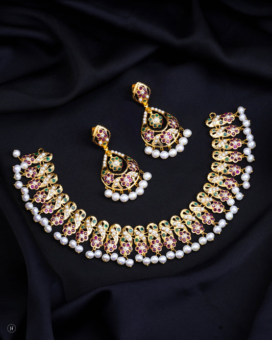 21K Yellow Gold Pakistani Peacock-inspired Gemstone Necklace Set