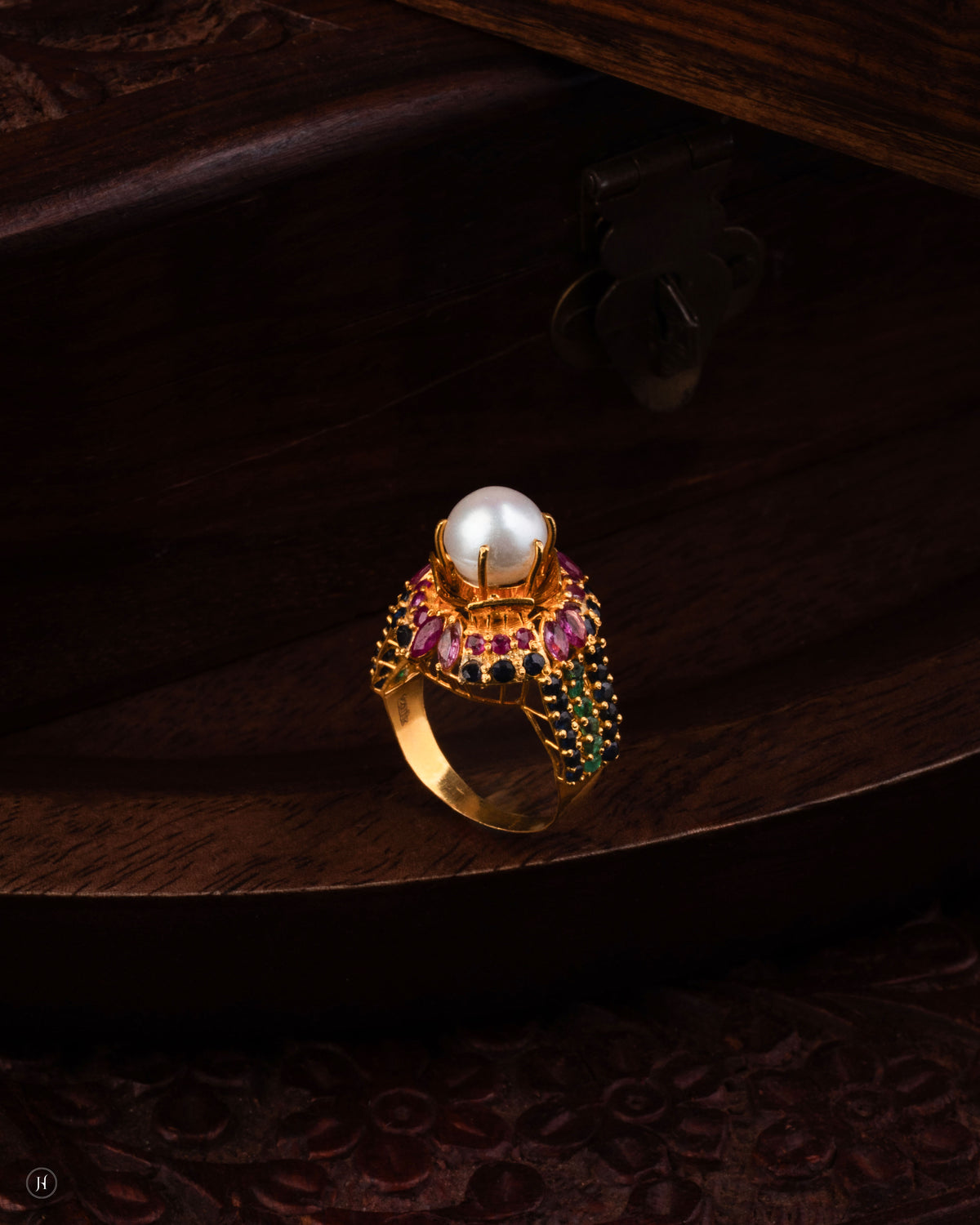 21K Yellow Gold Pakistani Pearl & Multi-Gemstone Cocktail Ring