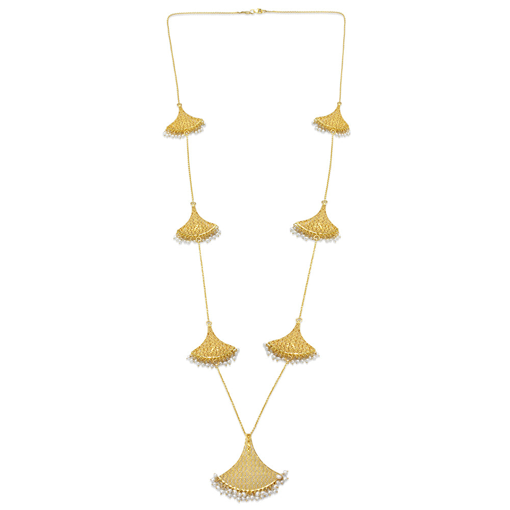 21K Yellow Gold Bahraini Fan Pearl Rope Necklace Set