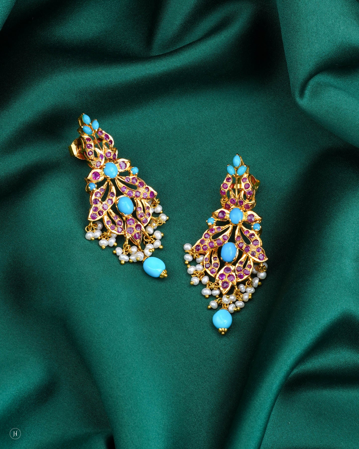 21K Yellow Gold Turquoise & Ruby Floral Pearl Drop Necklace Set