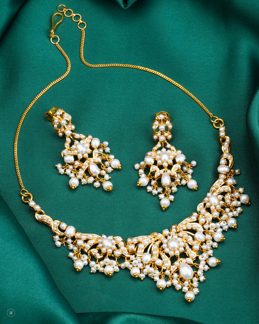 21Karat Yellow Gold Pakistani Majestic Pearl Bridal Necklace Set