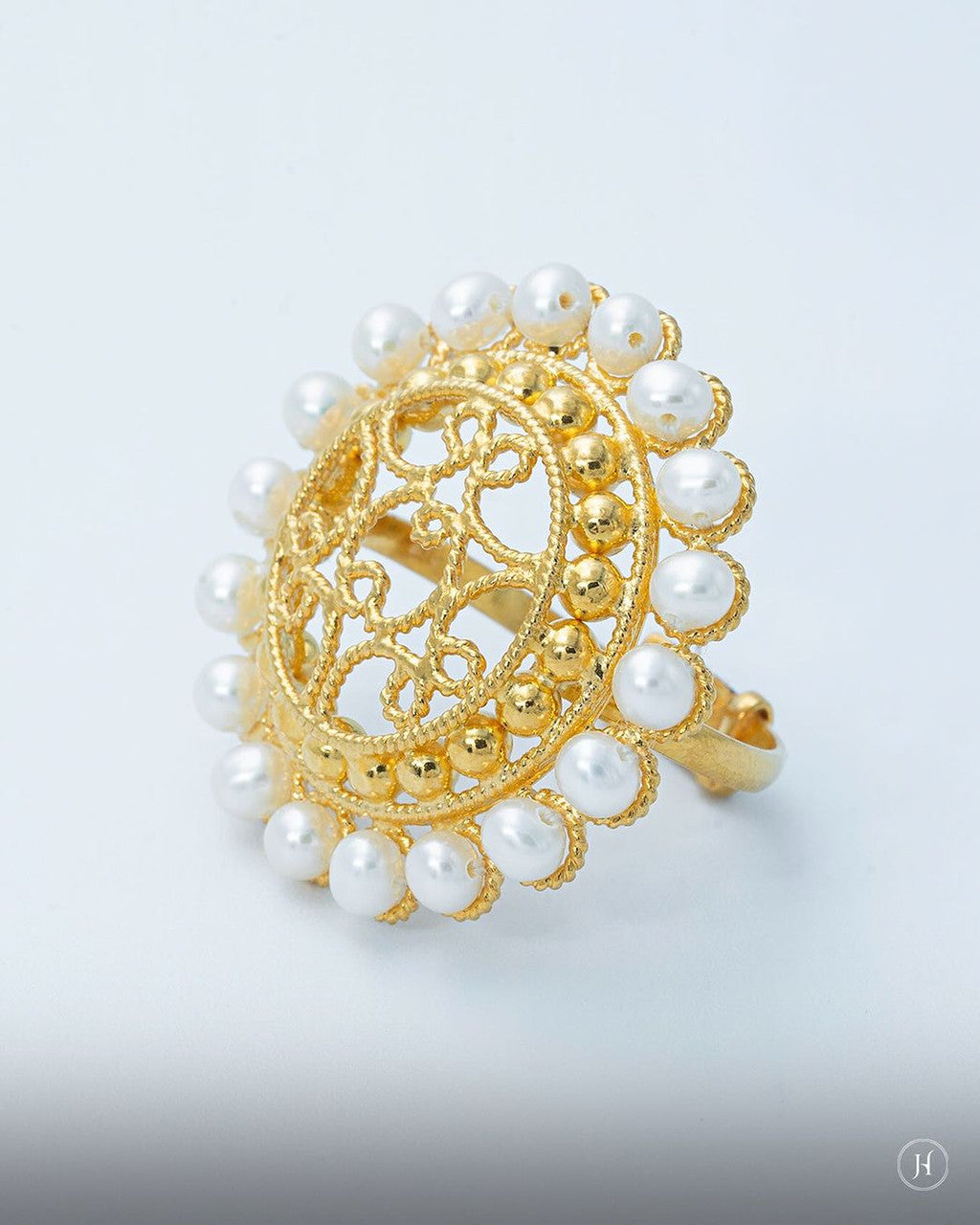 21K Yellow Gold Bahraini Adjustable Ring with Pearl Beads