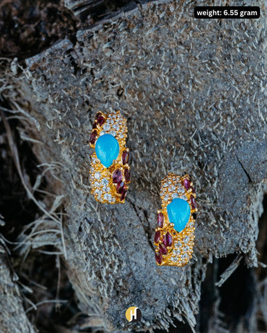 22K Yellow Gold Pakistani Turquoise Stud Statement Earrings