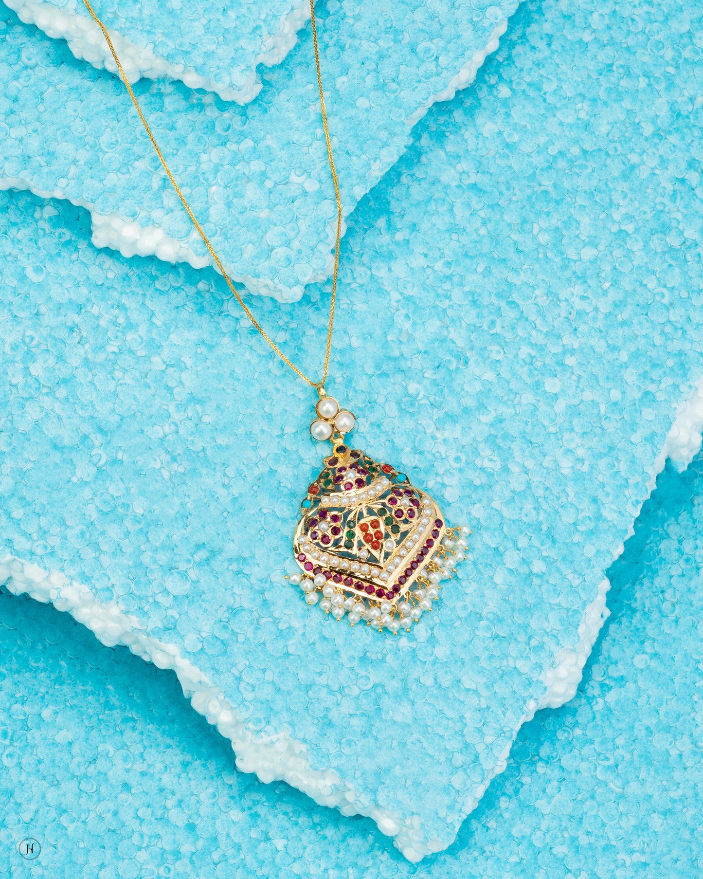 21K Yellow Gold Pakistani Multi-Gemstone Heart Pendant Necklace Set