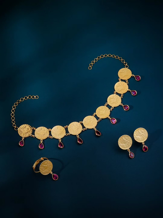 21K Yellow Gold Bahraini Round Multi Coin Necklace Set