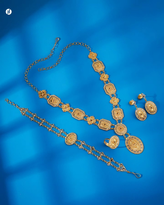 21K Yellow Gold Bahraini Medallion Long Necklace Bridal Set