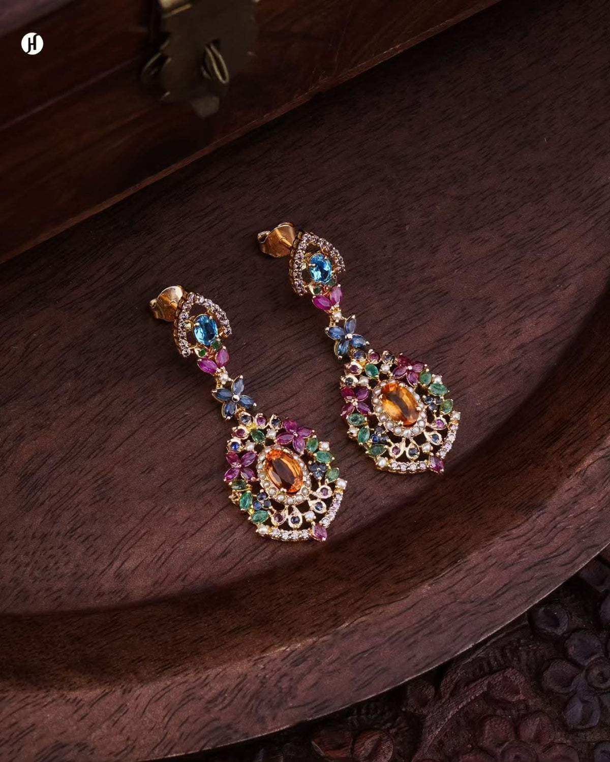 21K Yellow Gold Pakistani Navratna Multi-Gemstone Necklace Set
