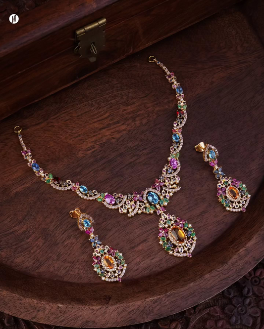 21K Yellow Gold Pakistani Navratna Multi-Gemstone Necklace Set