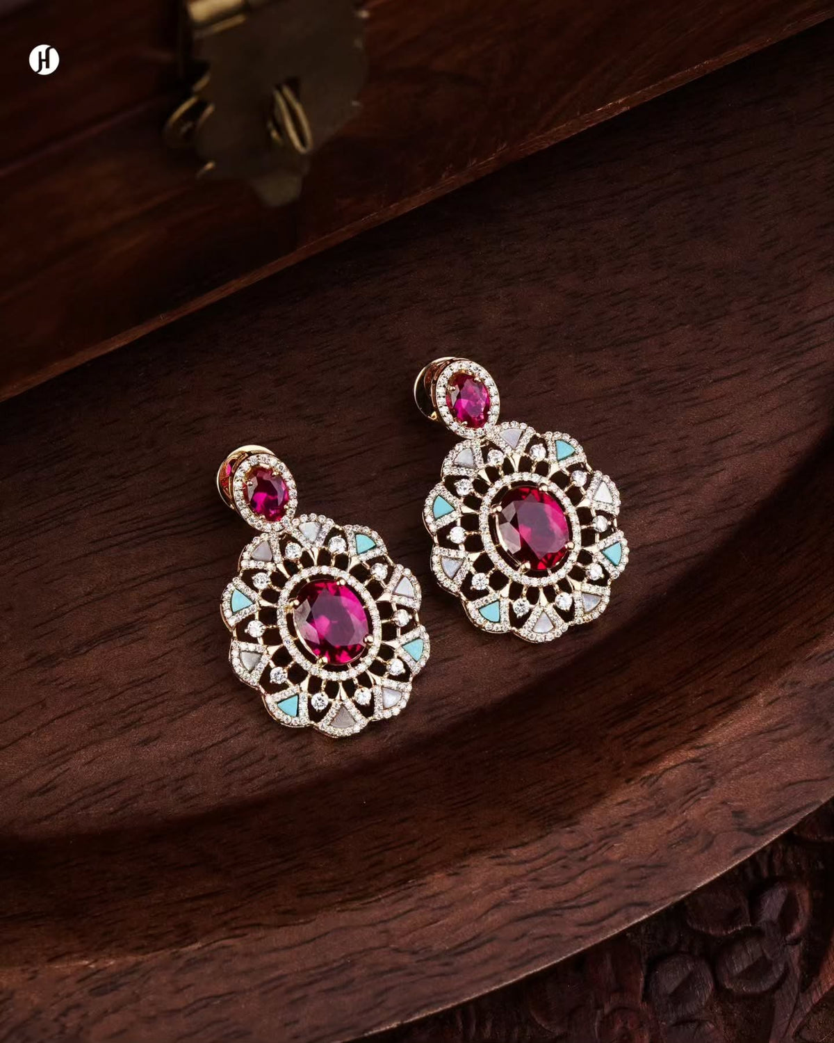 18Karat Yellow Gold Italian Ruby, Turquoise & Moissanite Mandala Pendant Set