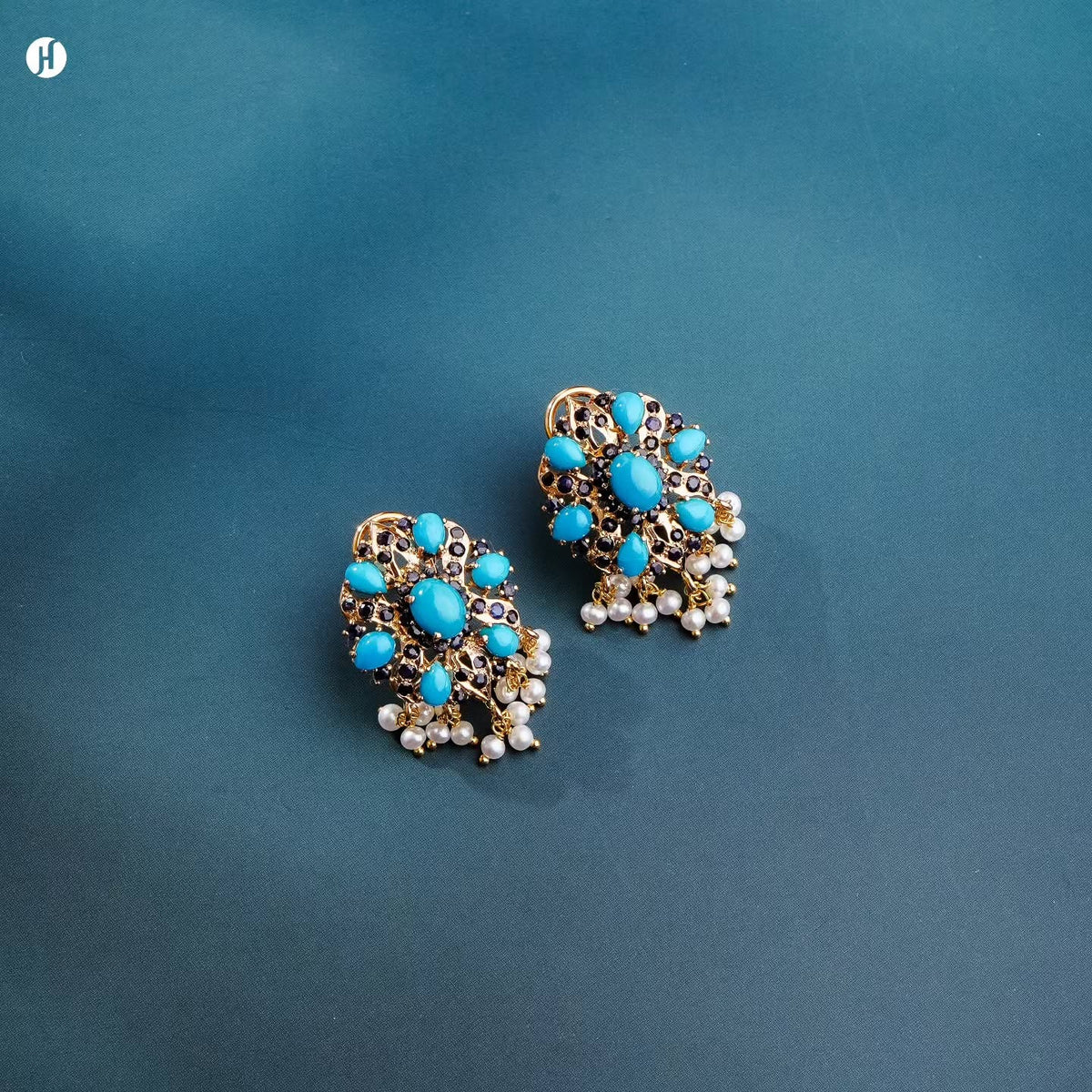 21K Yellow Gold Pakistani Turquoise & Freshwater Pearl Bridal Necklace Set