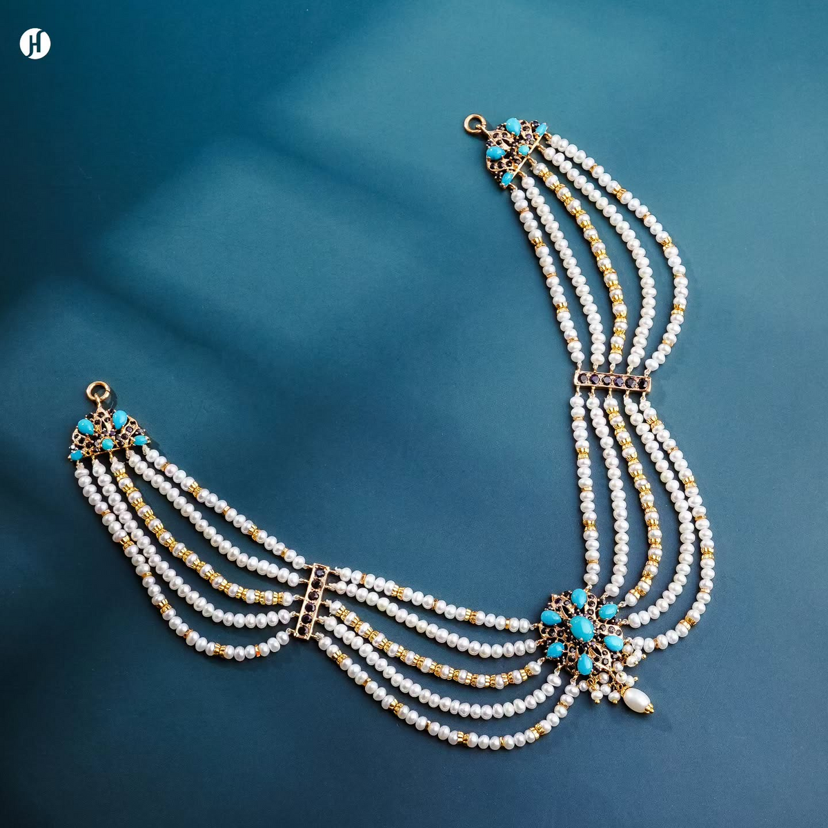 21K Yellow Gold Pakistani Turquoise & Freshwater Pearl Bridal Necklace Set