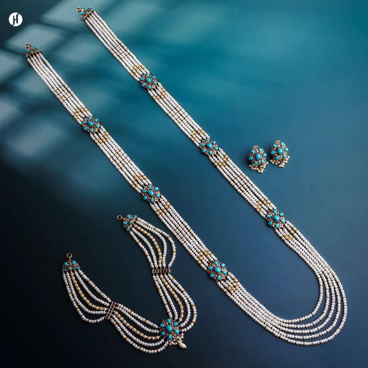 21K Yellow Gold Pakistani Turquoise & Freshwater Pearl Bridal Necklace Set