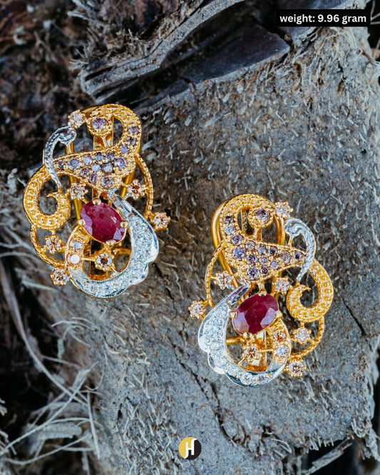 22K Pakistani Rudy & Zircon Stud Earrings with English Lock