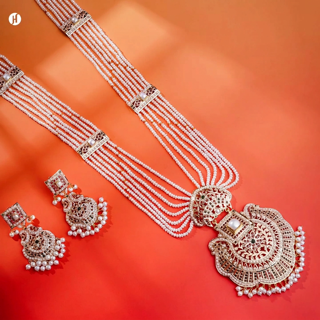 A regal 21K yellow gold Pakistani opera necklace set with lustrous freshwater pearls across flowing multi-strand chains and an pendant set with rich ruby-red and emerald-green stones | Bridal Jewellery for Women.