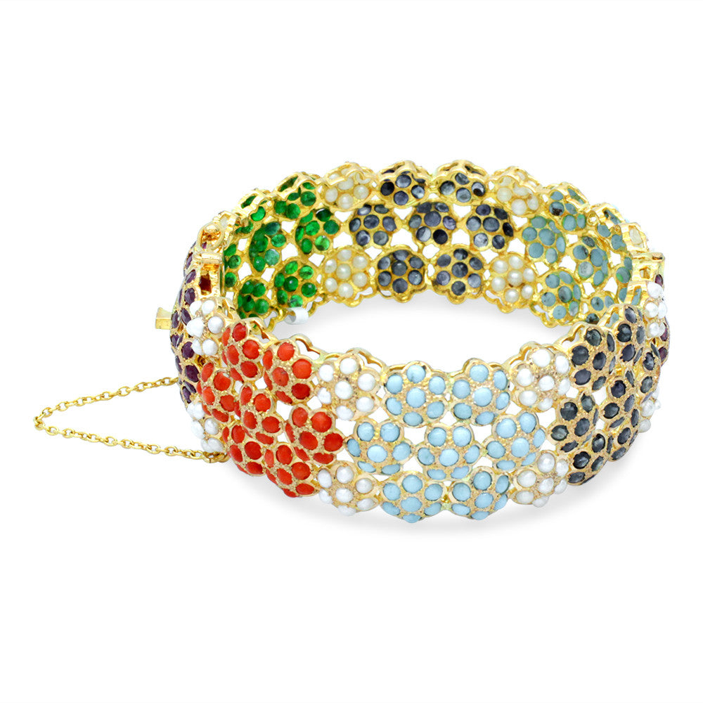 21K Yellow Gold Indian Pearl Floral Multicolor Trio Bangle