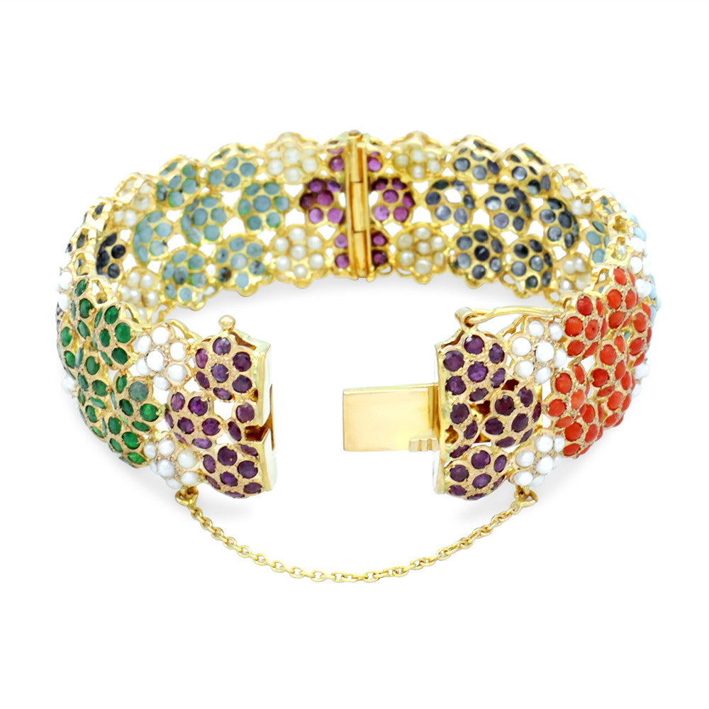 21K Yellow Gold Indian Pearl Floral Multicolor Trio Bangle with catch hook